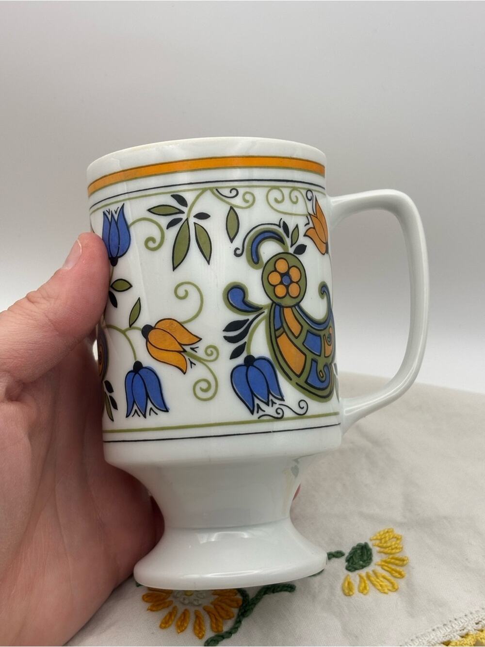 Vintage 1970s Pedestal Mug with Floral Design, Blue and Orange Coffee Cup
